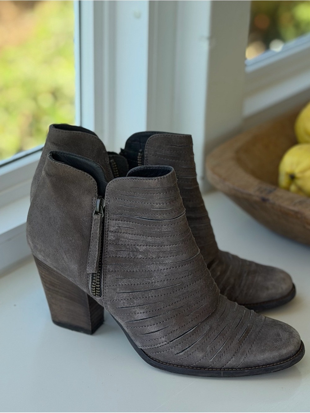 Paul Green Taupe Shimmering Suede Ankle Booties with Stacked Heel